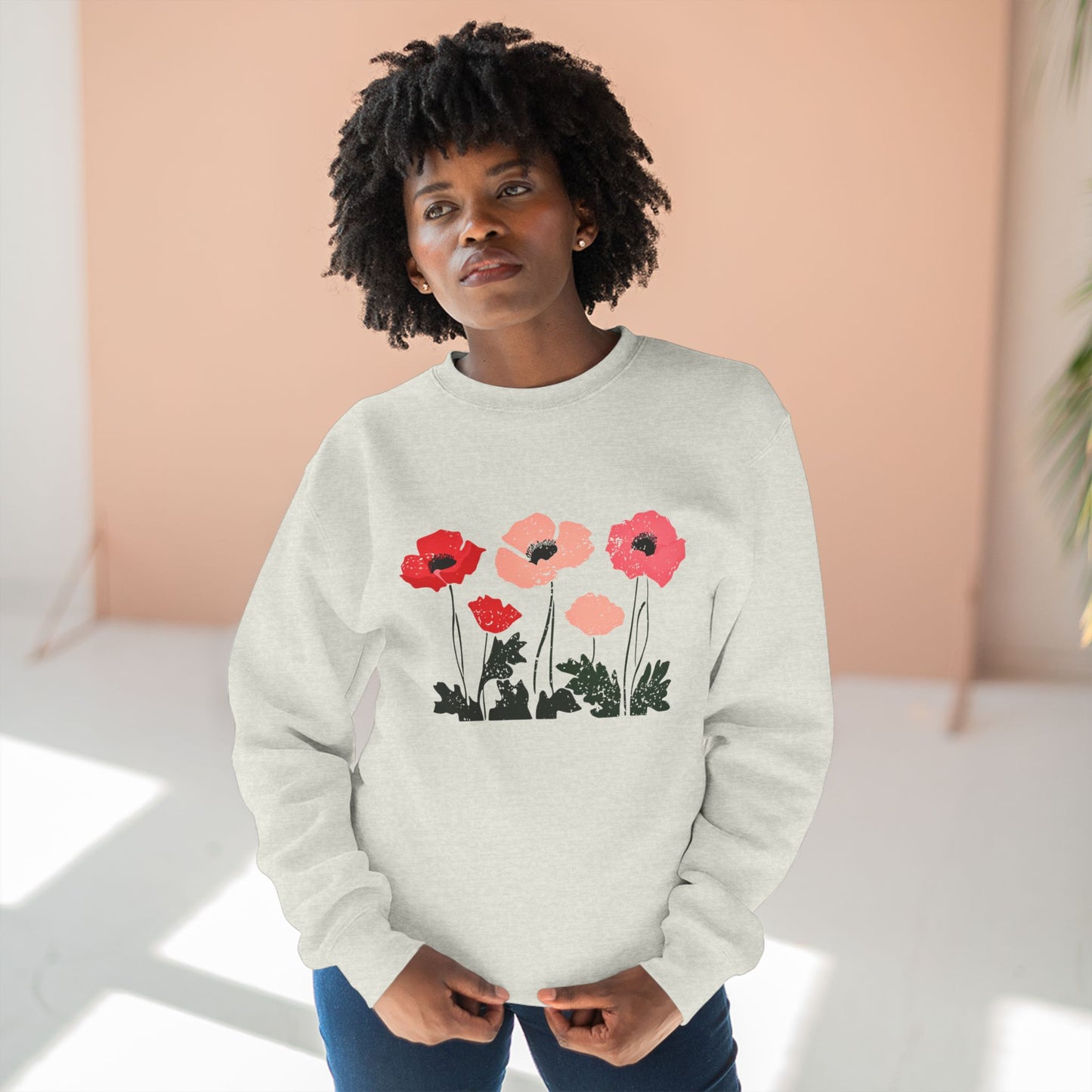 Poppy Garden Crewneck Sweatshirt — Floral Pink Red Poppy Pullover