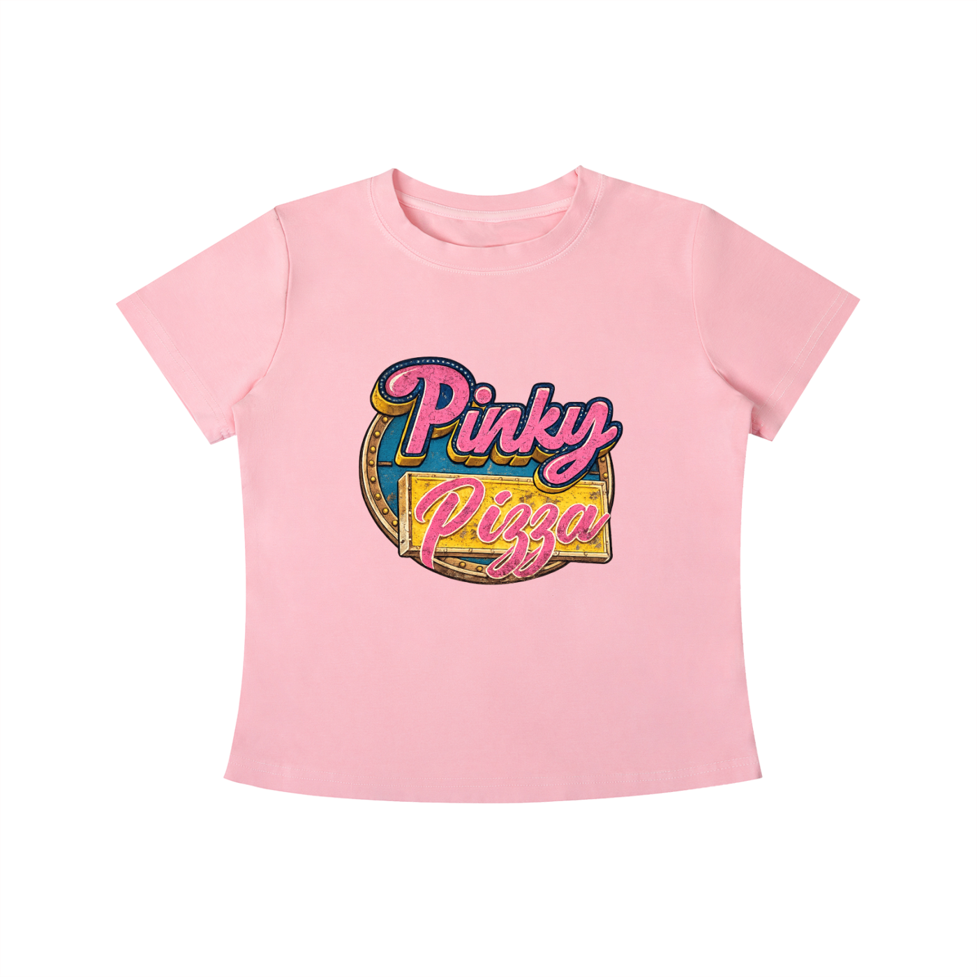 Pinky Pizza graphic tee featuring a colorful retro diner-inspired design.