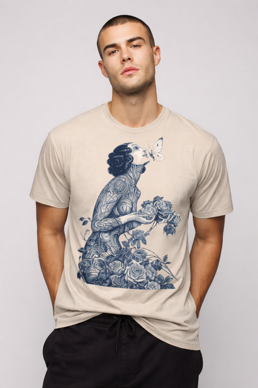 Man wearing a beige t-shirt with a blue graphic design on a plain background