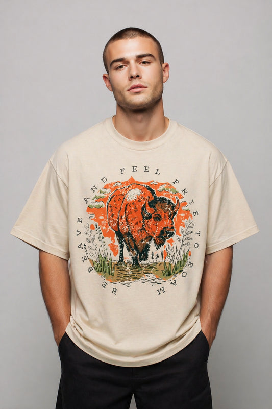 Feel Free to Roam graphic t-shirt featuring buffalo artwork inspired by wildlife, exploration, and the American West.