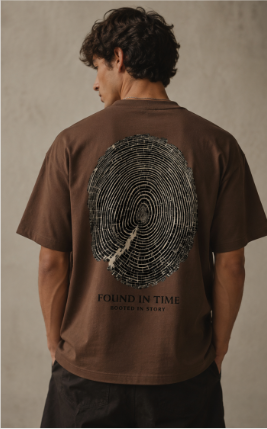 Person wearing a brown t-shirt with a circular design and text on the back, standing against a neutral background.