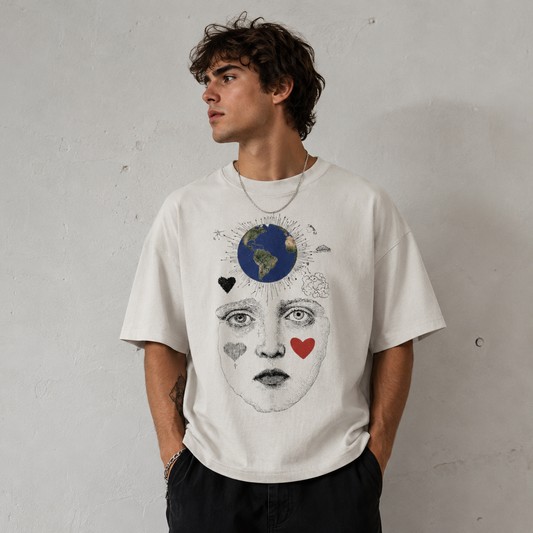 Male model wearing a Nature-inspired graphic t-shirt featuring artistic earth-themed design celebrating connection, kindness, and the outdoors.