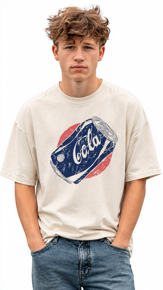 Person wearing a Vintage Cola Can graphic t-shirt featuring retro soda artwork inspired by nostalgic Americana and classic advertising.