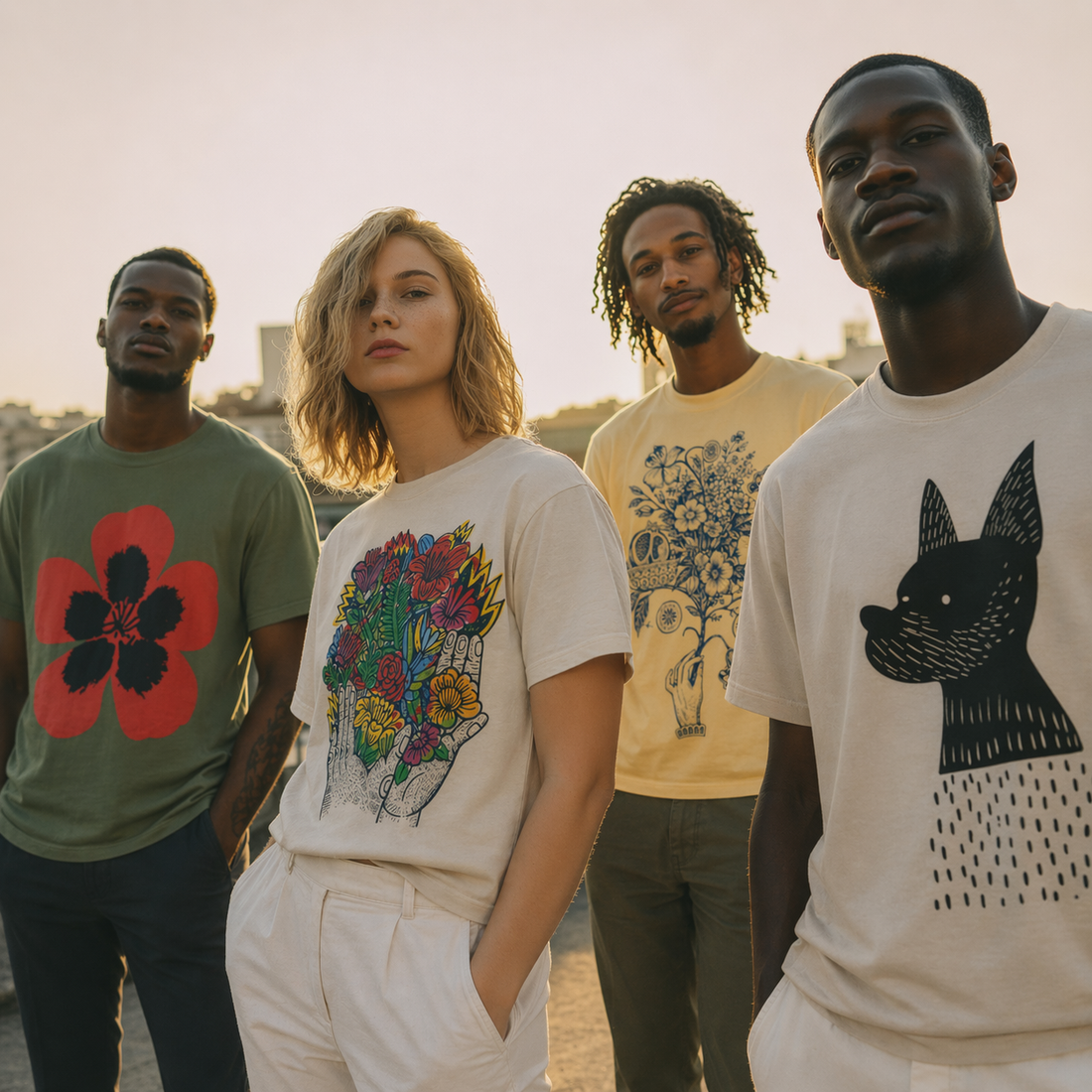 A diverse group of young adults — different backgrounds, body types, and styles — each wearing a different Del Lago Greenwich tees.