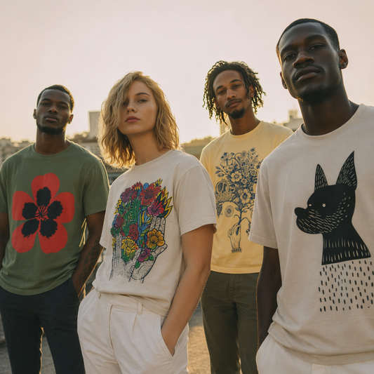 A diverse group of young adults — different backgrounds, body types, and styles — each wearing a different Del Lago Greenwich tees.