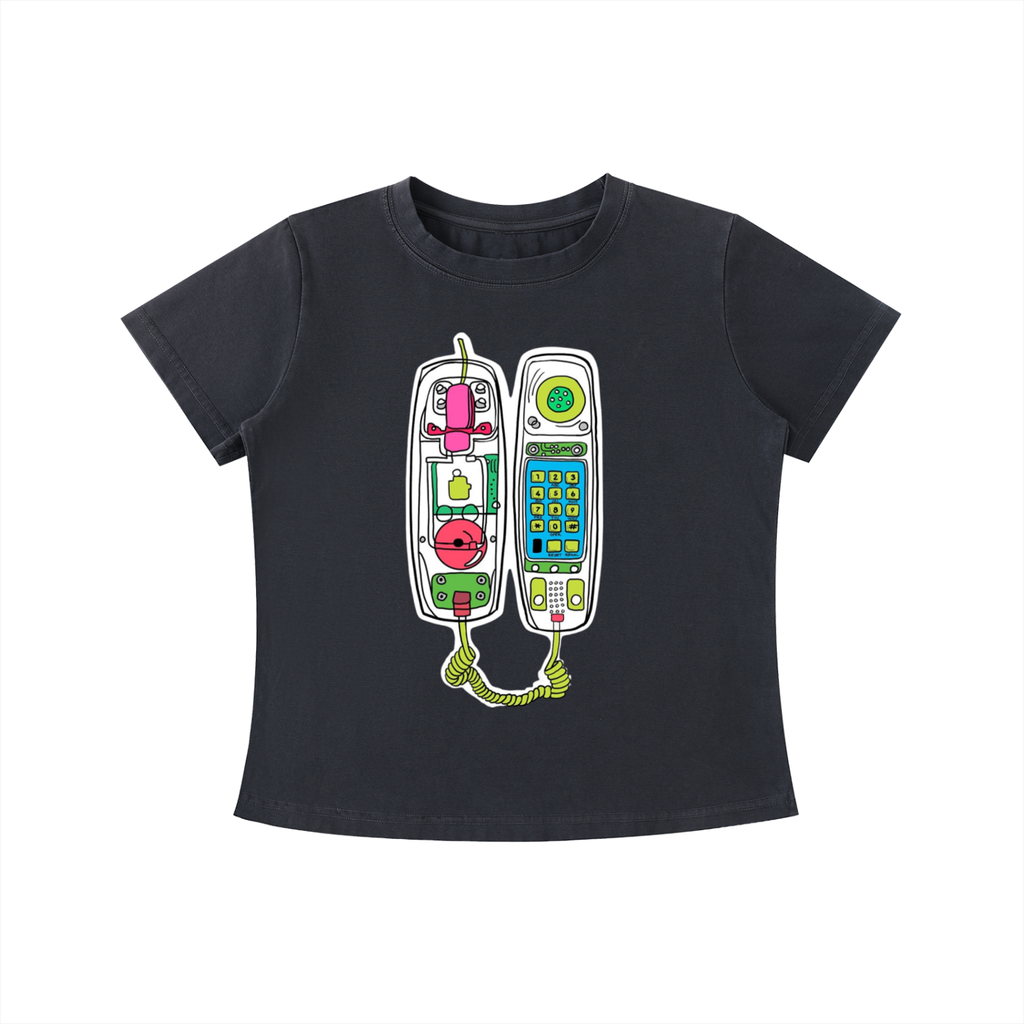 Black Retro Call graphic t-shirt featuring vintage telephone artwork inspired by nostalgia and retro design.