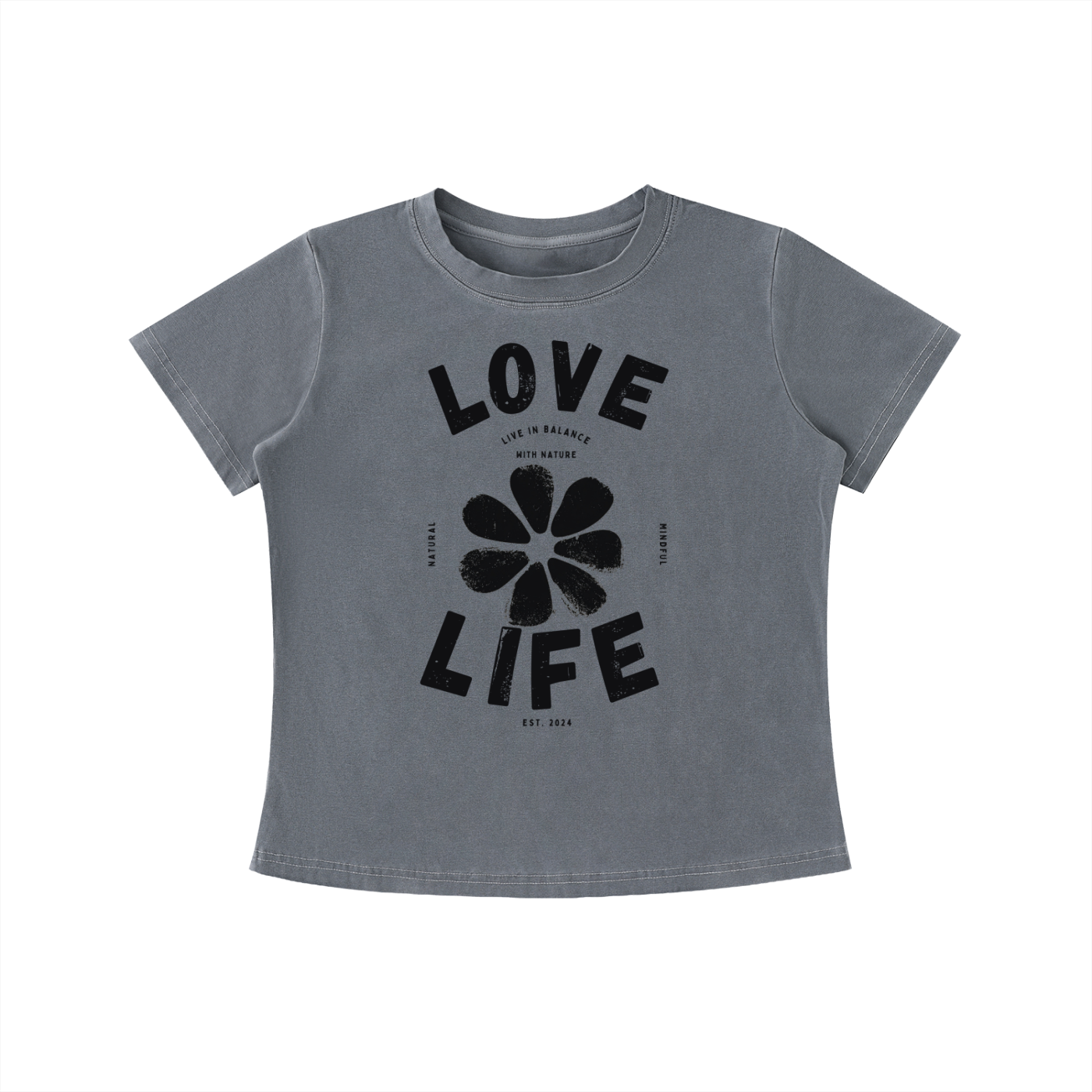 Gray Love Life women's graphic t-shirt featuring uplifting artwork inspired by positivity, creativity, and everyday happiness.