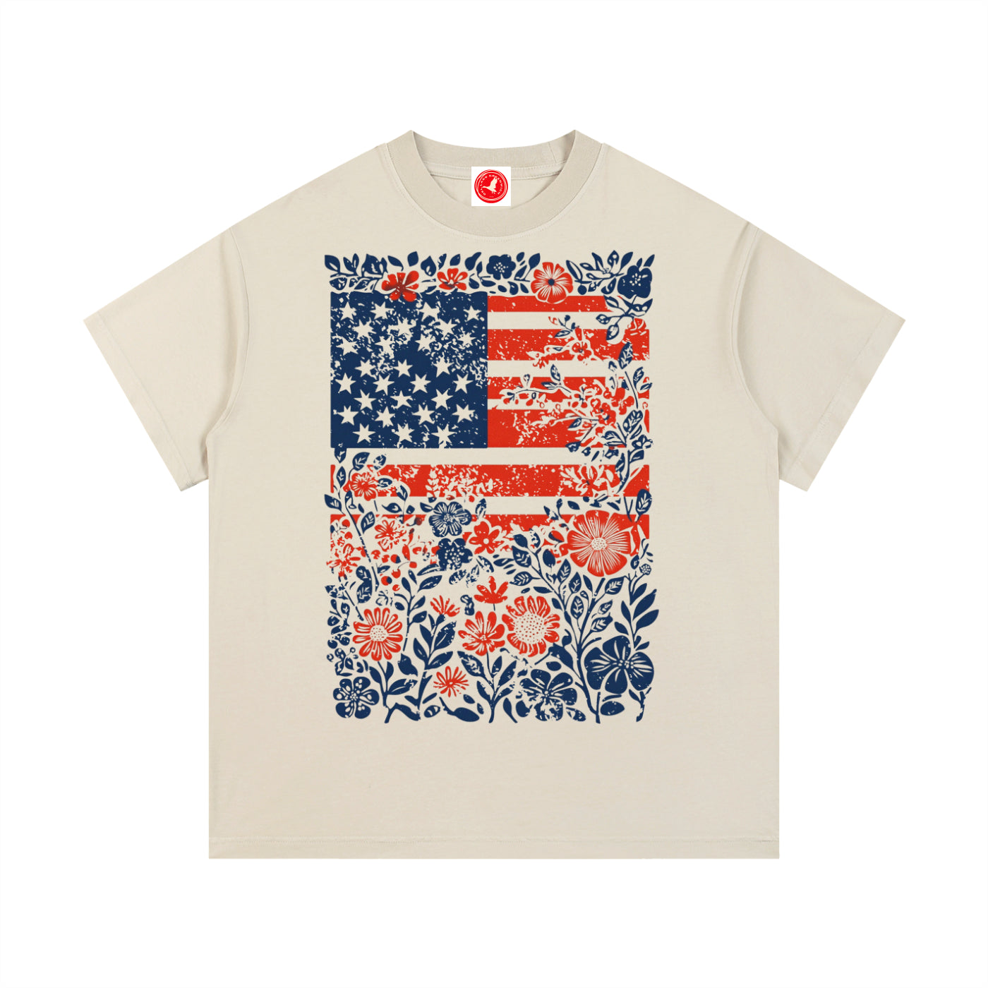 Beige Floral Americana Flag graphic t-shirt featuring patriotic artwork blended with floral design and American heritage.