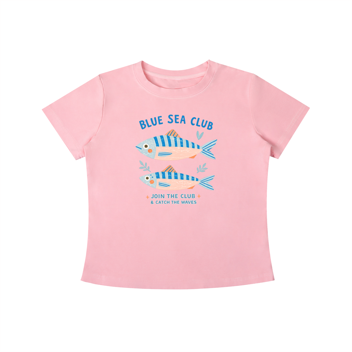 Pink Blue Sea Club graphic t-shirt featuring coastal-inspired artwork celebrating ocean adventures and seaside living.