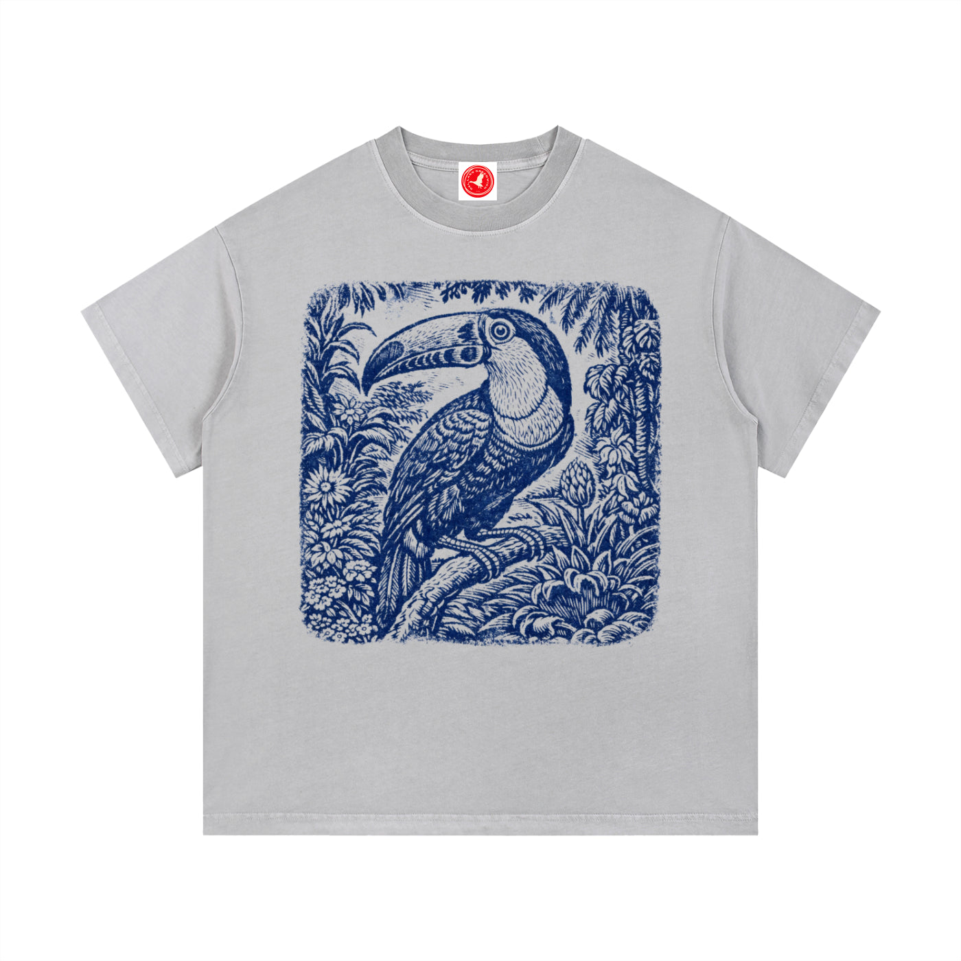 Gray Vintage Botanical Bird graphic t-shirt featuring botanical bird artwork inspired by nature and vintage illustration.