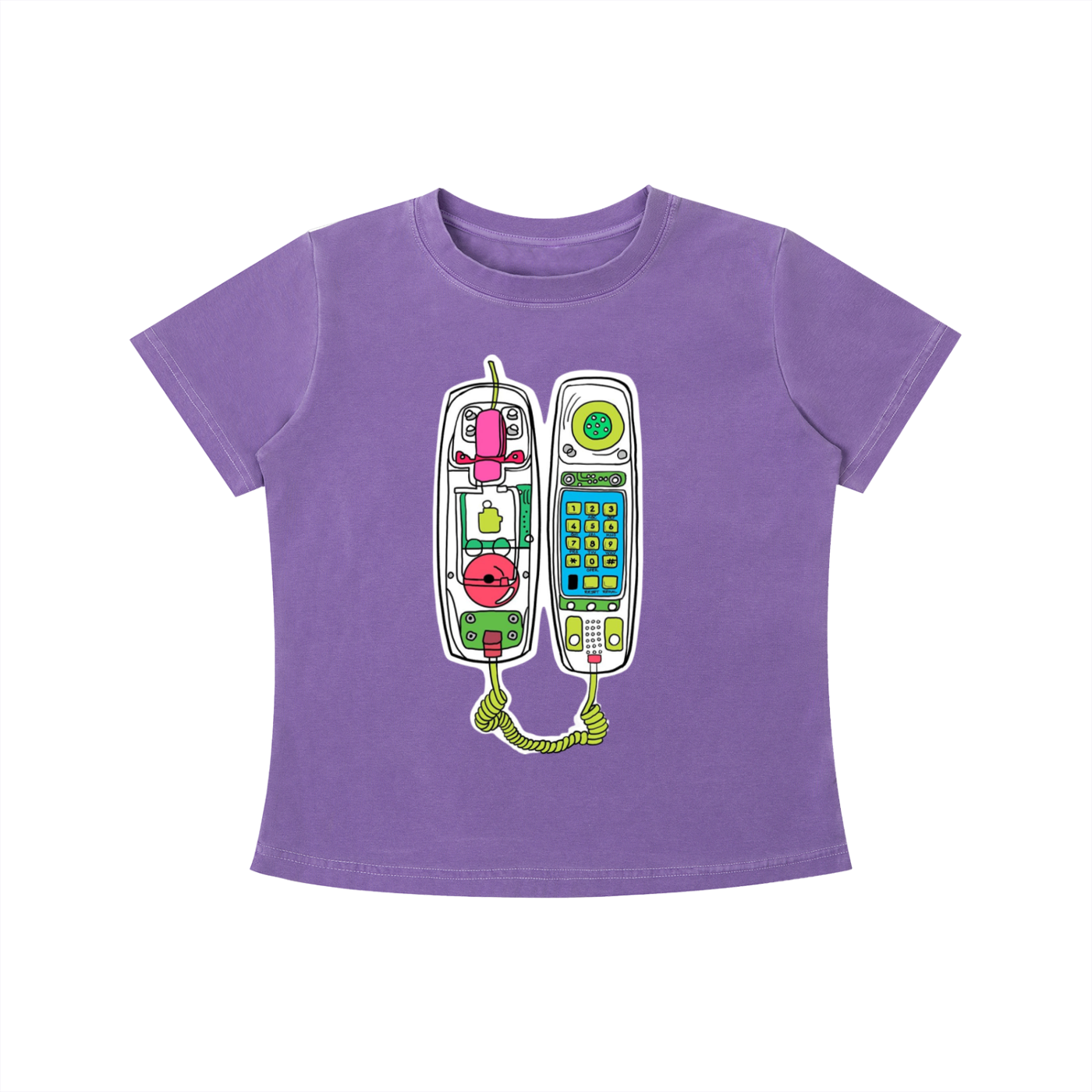 Purple Retro Call graphic t-shirt featuring vintage telephone artwork inspired by nostalgia and retro design.