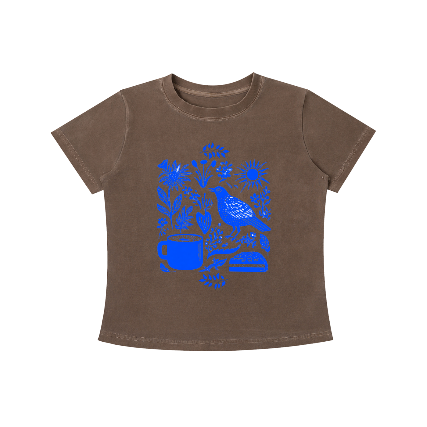 Brown Indigo Morning Garden graphic t-shirt featuring botanical artwork inspired by wildflowers, gardens, and natural beauty.
