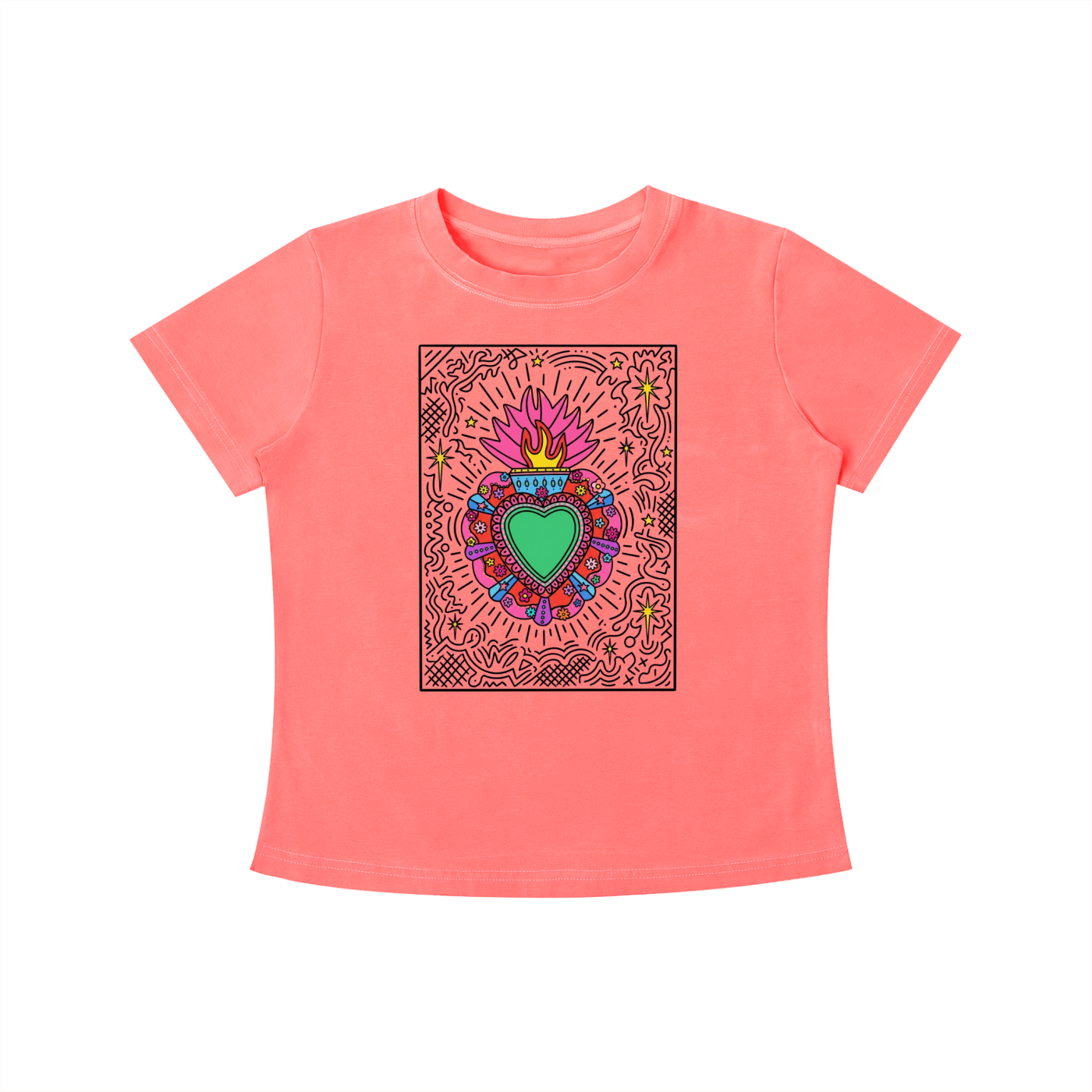 Pink Sacred Heart graphic t-shirt featuring folk art-inspired heart artwork celebrating tradition, creativity, and cultural expression.