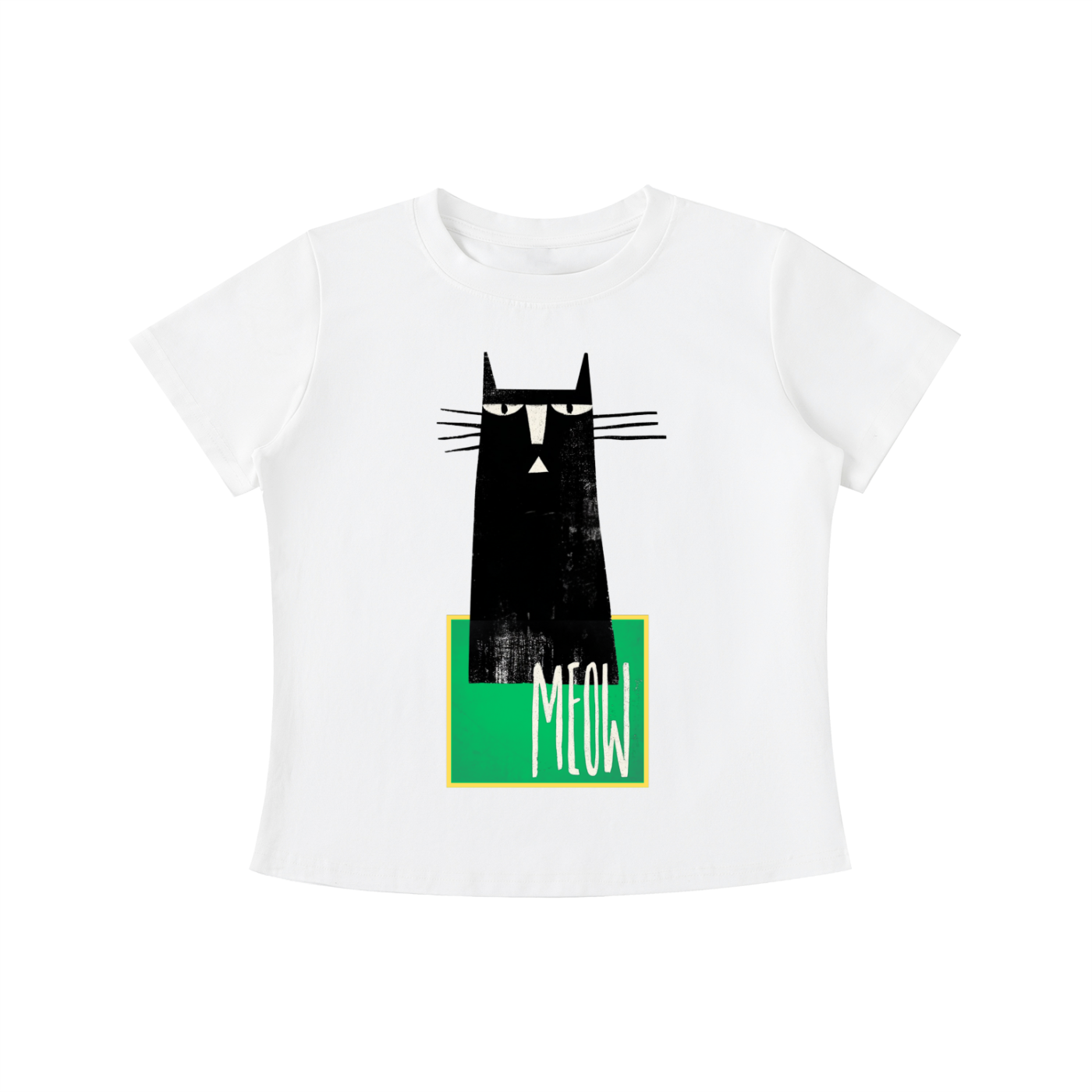 White MEOW graphic t-shirt featuring minimalist cat artwork inspired by feline lovers and modern design.