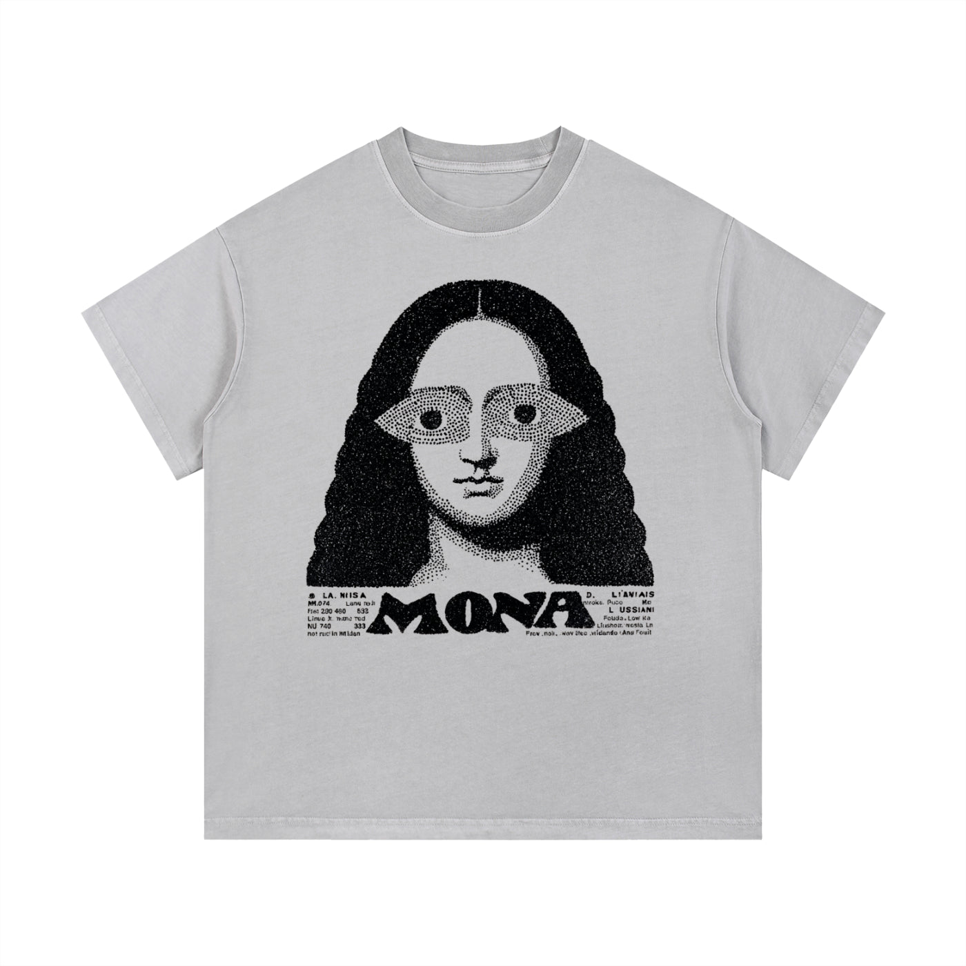 Gray Mona graphic t-shirt featuring artistic portrait-inspired artwork with a modern vintage aesthetic.