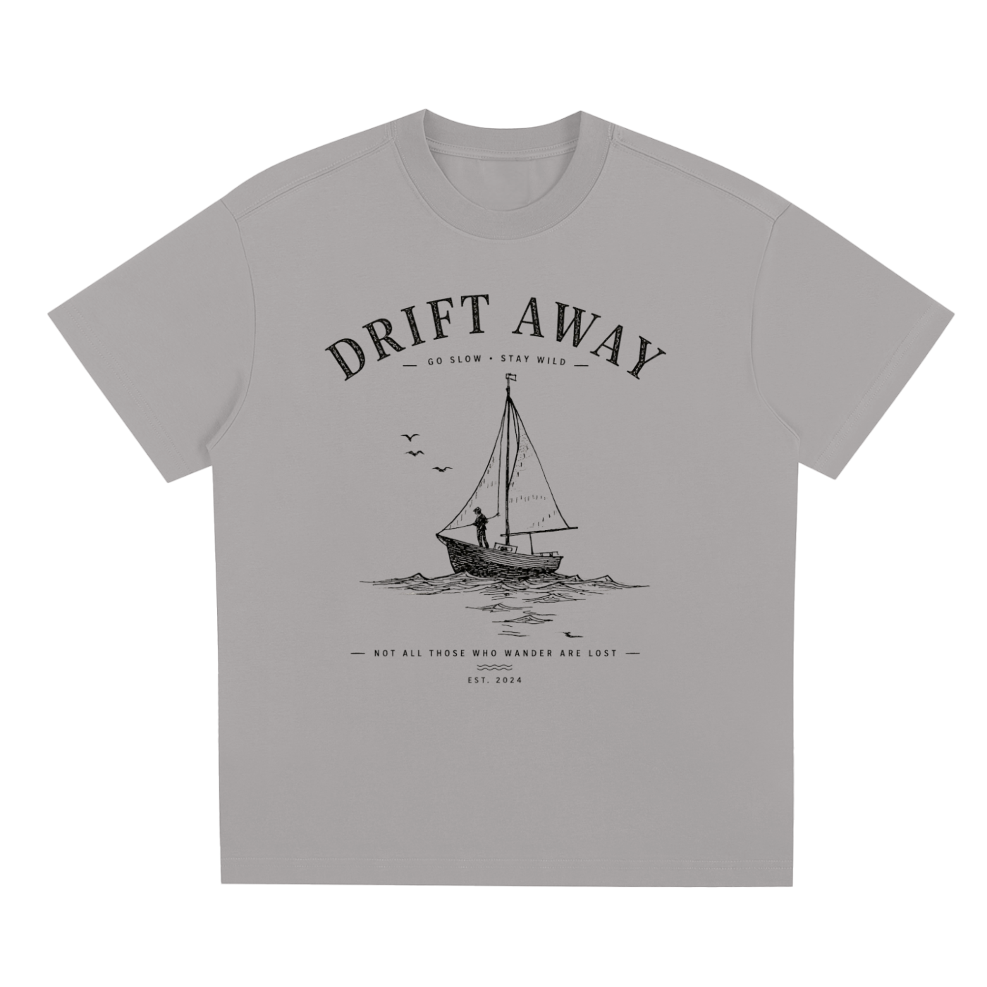 Gray Coastal graphic t-shirt featuring laid-back artwork inspired by ocean breezes, travel, and relaxation.