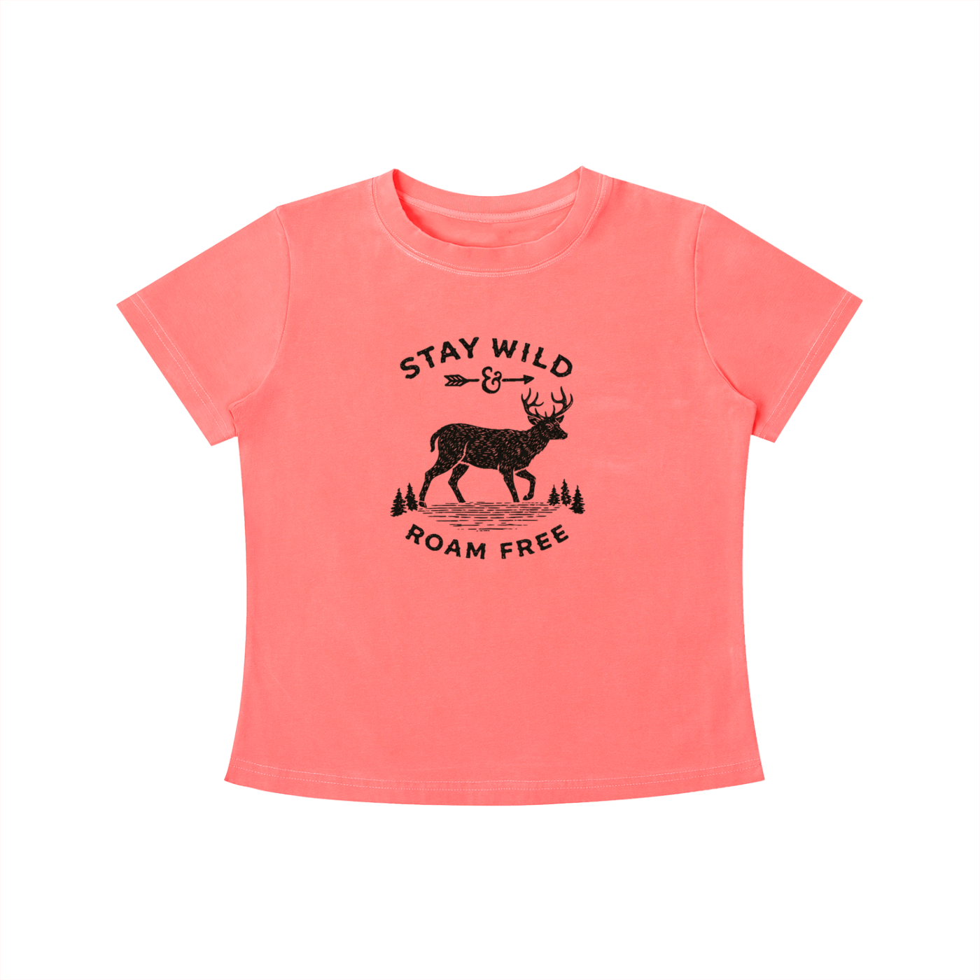 Coral Stay Wild Roam Free graphic t-shirt featuring adventure-inspired artwork celebrating freedom, exploration, and outdoor living.