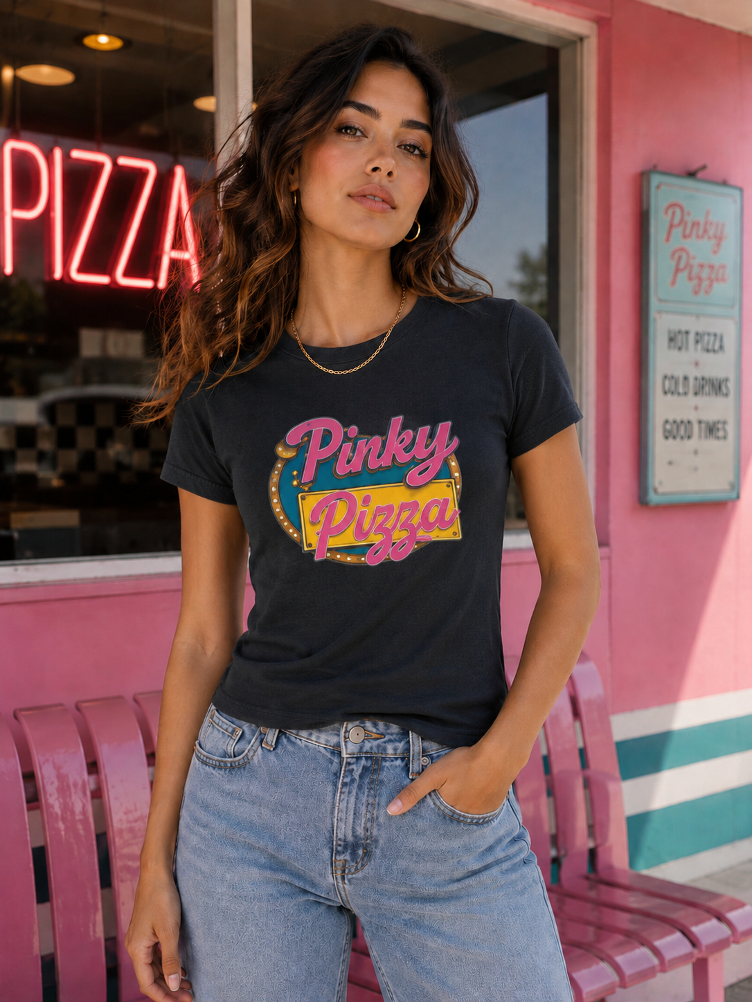 Woman wearing the Pinky Pizza graphic tee in black, featuring a colorful retro diner-inspired design.