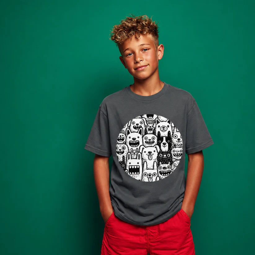 Male model wearing Monster Crowd Tee with illustrated monster crowd artwork