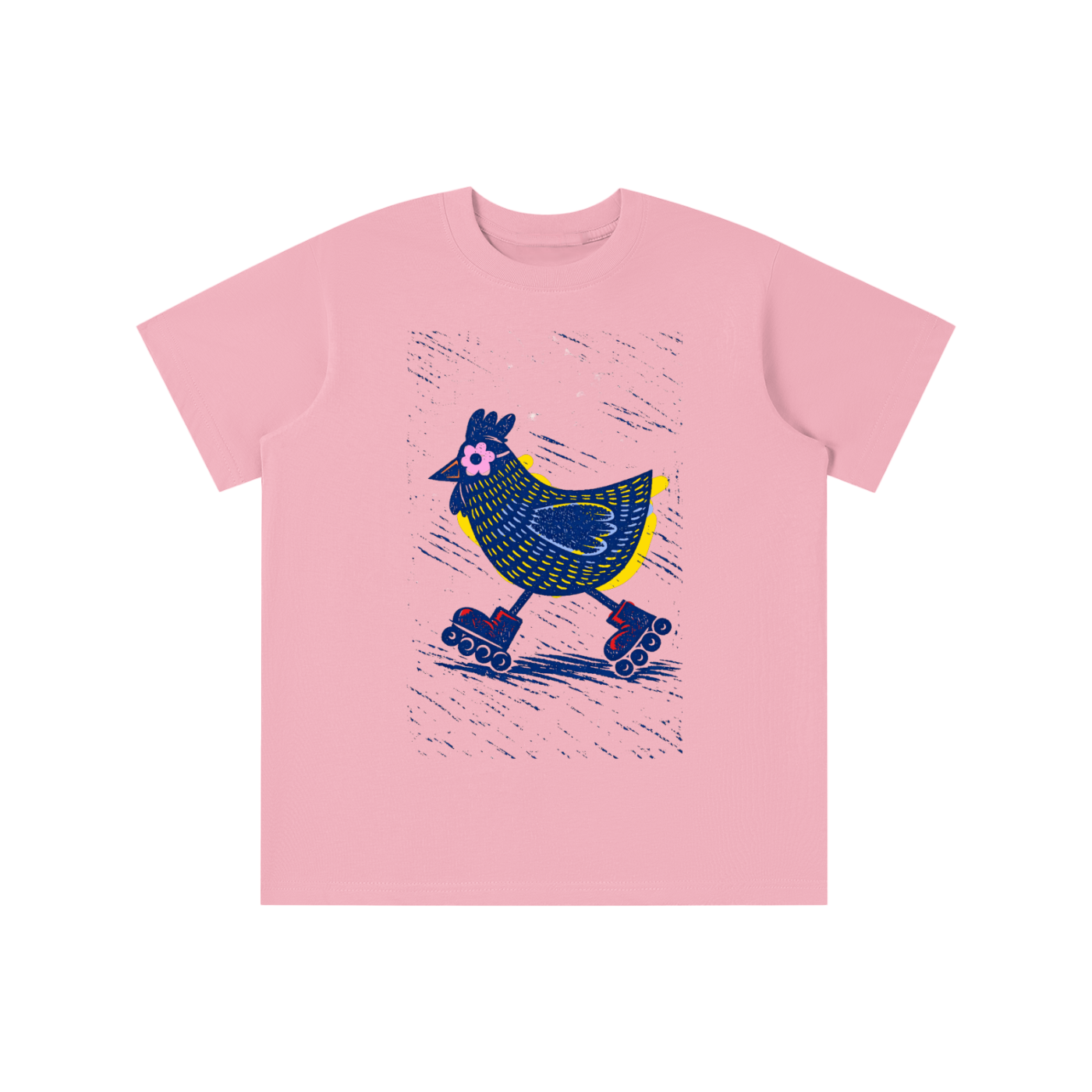 Pink t-shirt with a colorful chicken design on roller skates on a white background