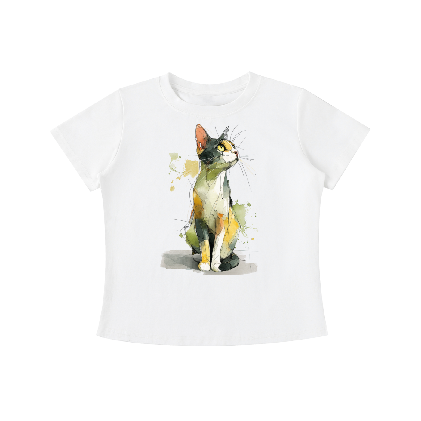 White Watercolor Cat graphic t-shirt featuring artistic cat artwork inspired by watercolor illustration and feline lovers.