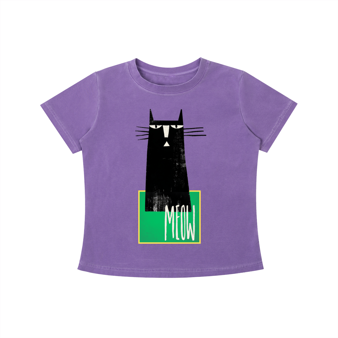 Purple MEOW graphic t-shirt featuring minimalist cat artwork inspired by feline lovers and modern design.