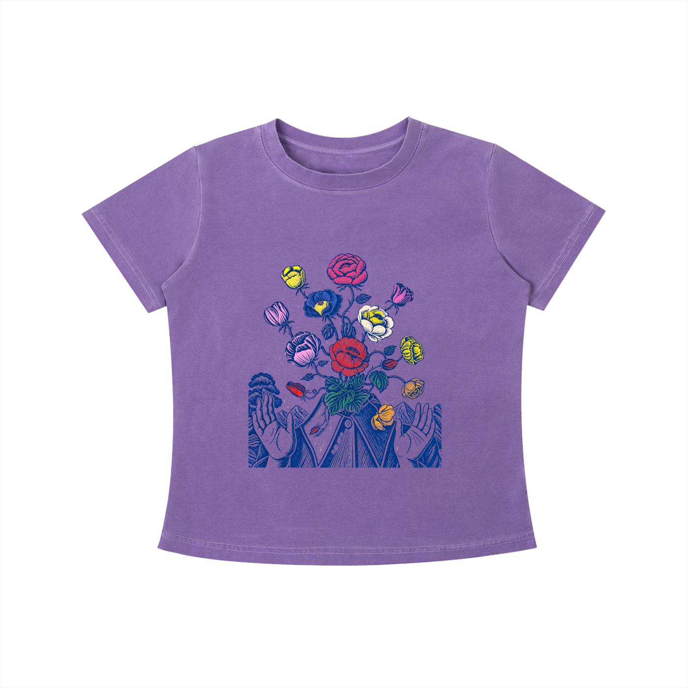 Purple Wild Bloom Hands graphic t-shirt featuring floral hand artwork inspired by nature, creativity, and botanical illustration.