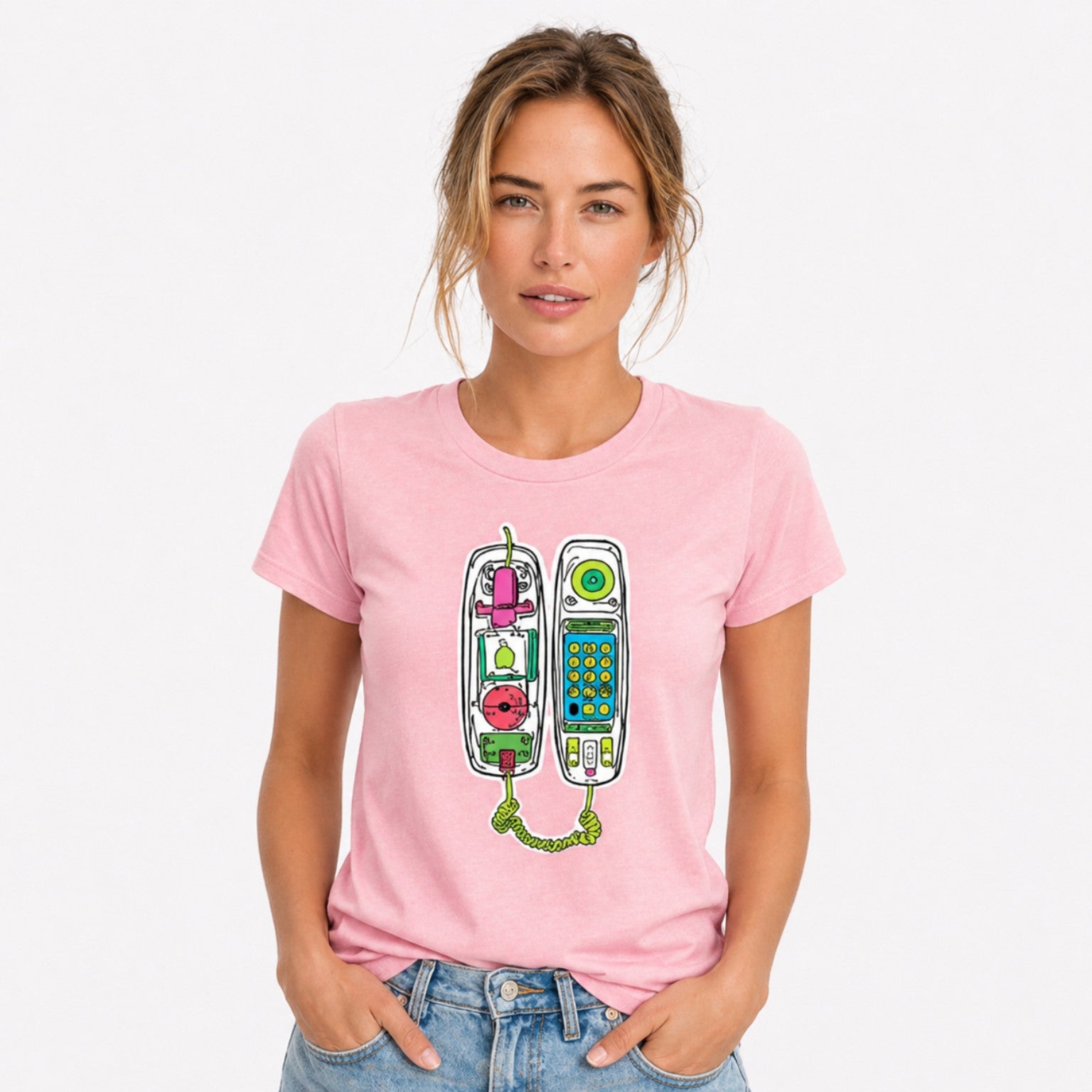 Woman wearing a pink Retro Call graphic t-shirt featuring vintage telephone artwork inspired by nostalgia and retro design.