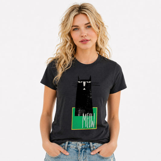 Woman wearing a black MEOW graphic t-shirt featuring minimalist cat artwork inspired by feline lovers and modern design.