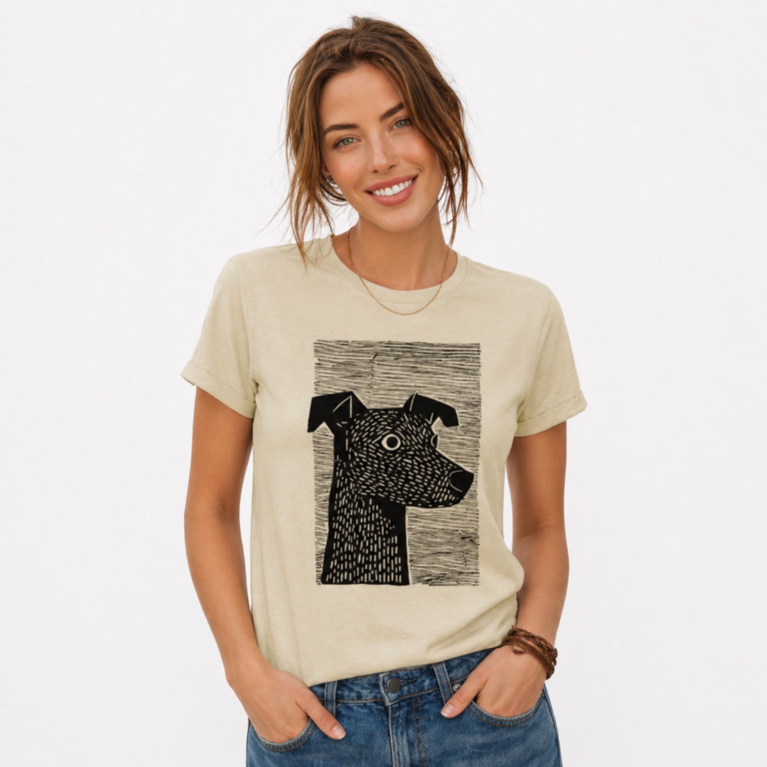 Woman wearing a beige Minimalist Dog Sketch graphic t-shirt featuring hand-drawn dog artwork inspired by pet lovers and simple modern design.