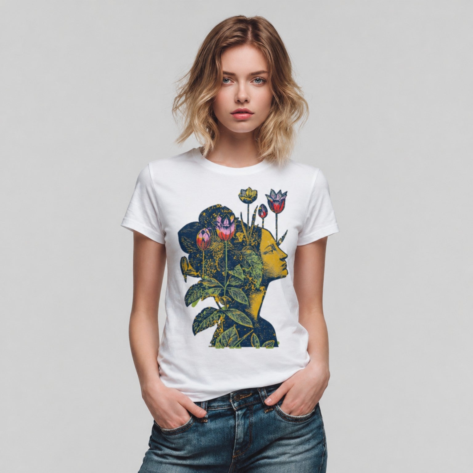 Woman wearing a white Floral Mind Silhouette graphic t-shirt featuring artistic portrait artwork blended with botanical elements and creative expression.
