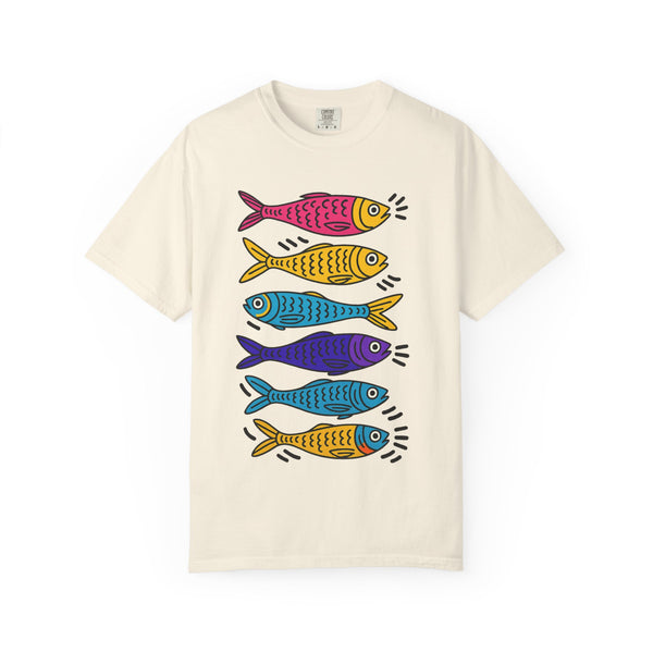 Beige t-shirt with colorful fish graphic on a white background