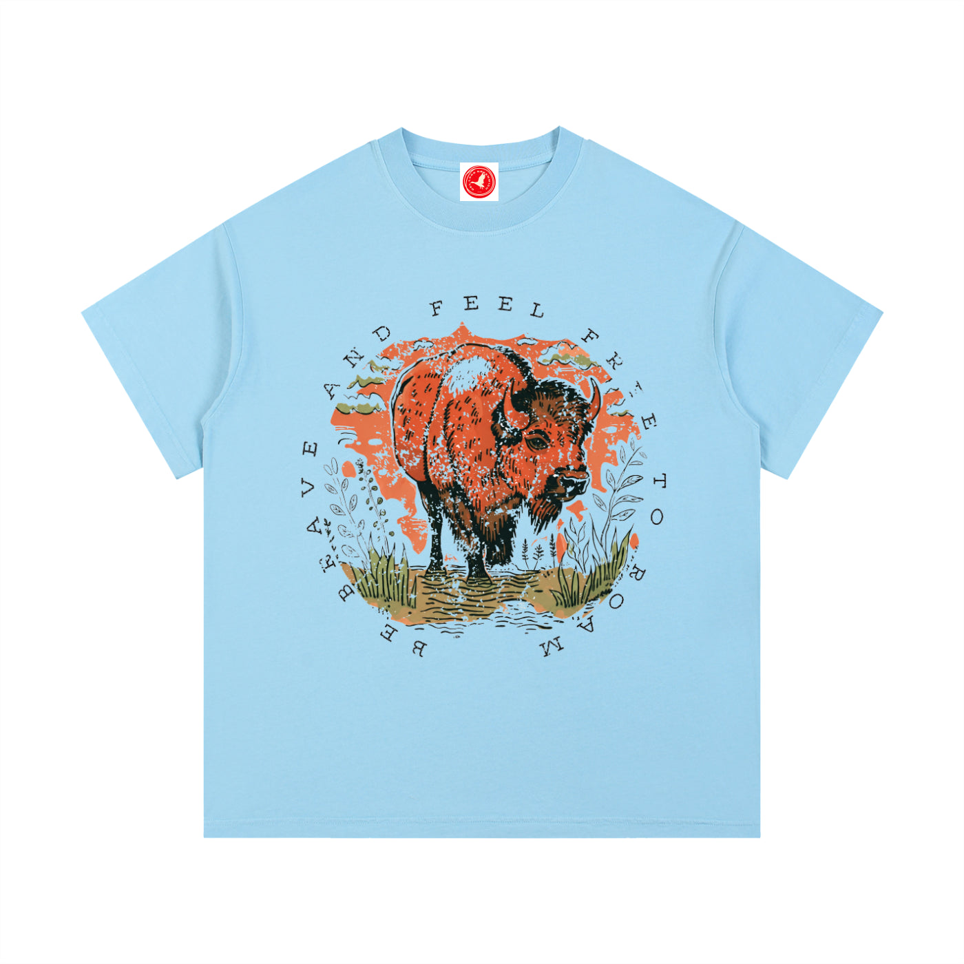 Light blue Feel Free to Roam graphic t-shirt featuring buffalo artwork inspired by wildlife, exploration, and the American West.