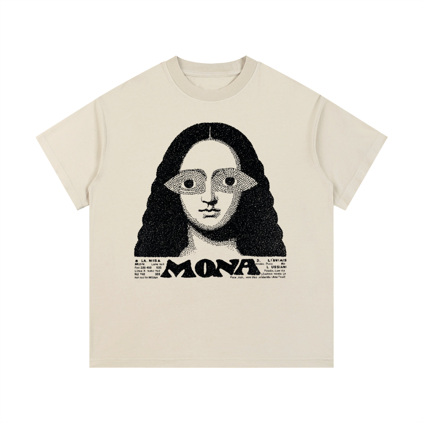 Beige Mona graphic t-shirt featuring artistic portrait-inspired artwork with a modern vintage aesthetic.