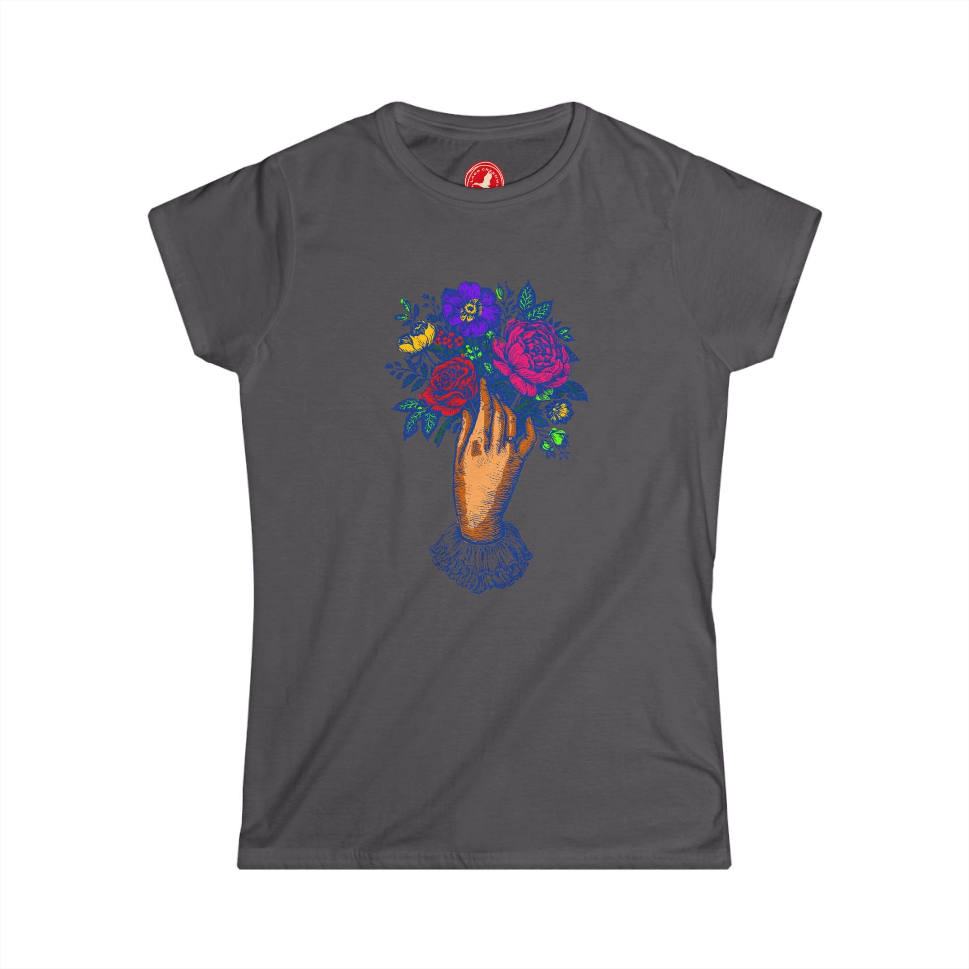 Gray t-shirt with a colorful vase of flowers design on a white background