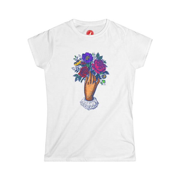White t-shirt with a colorful floral design on a white background