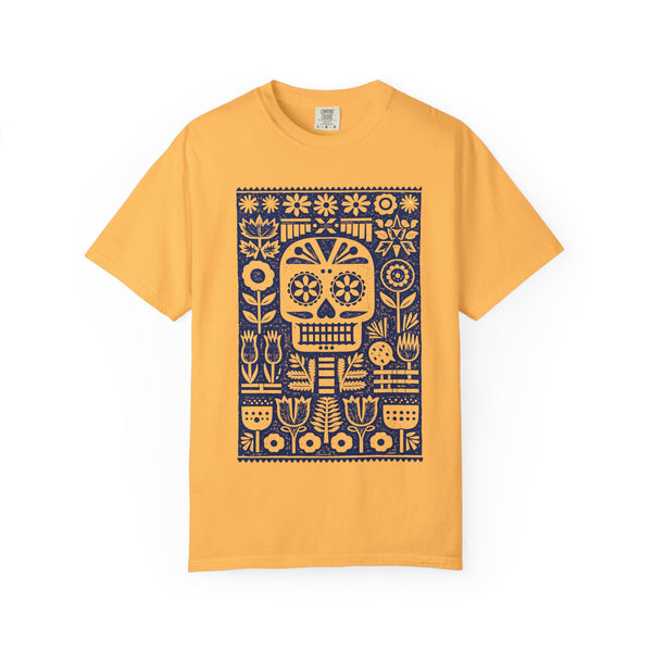Yellow t-shirt with a black skull design on a white background