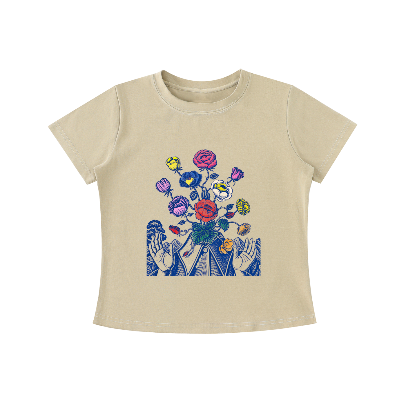 Beige Wild Bloom Hands graphic t-shirt featuring floral hand artwork inspired by nature, creativity, and botanical illustration.