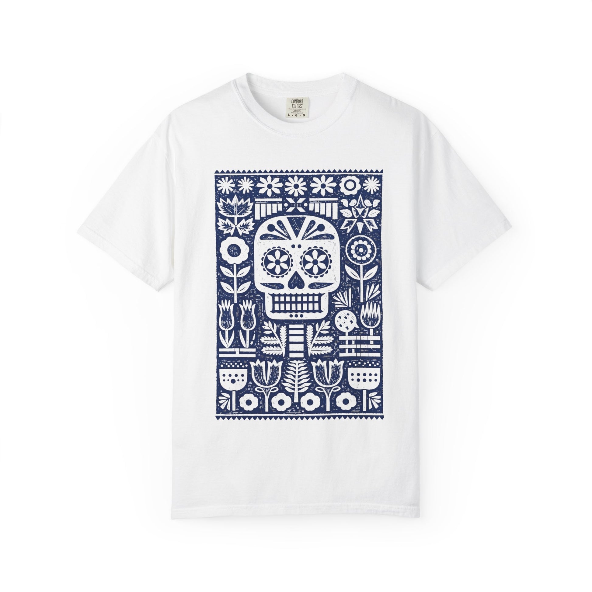 White t-shirt with a blue skull and floral pattern on a white background