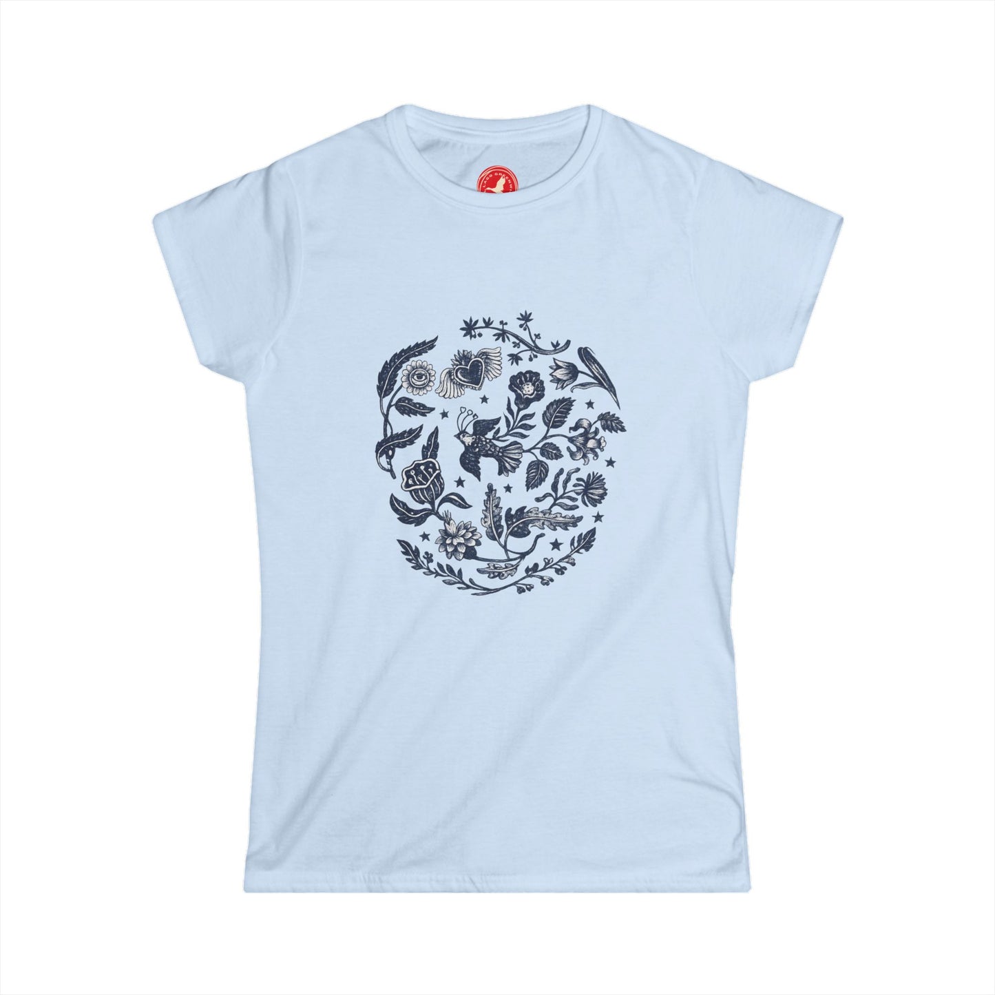 Light blue t-shirt with a floral skull design on a white background