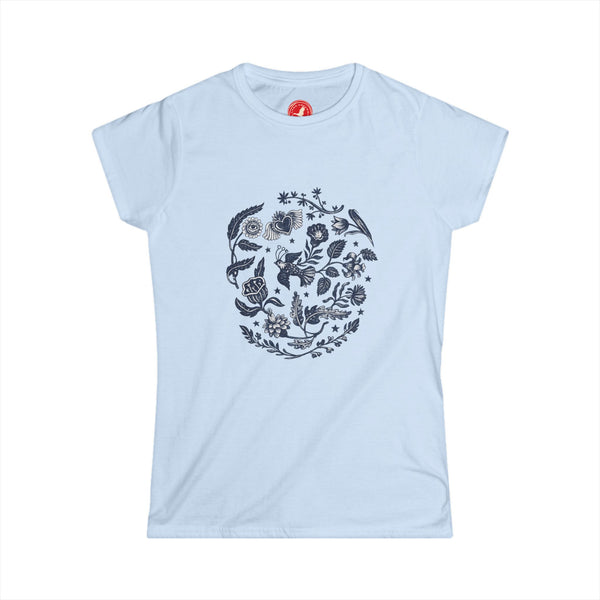 Light blue t-shirt with a floral skull design on a white background