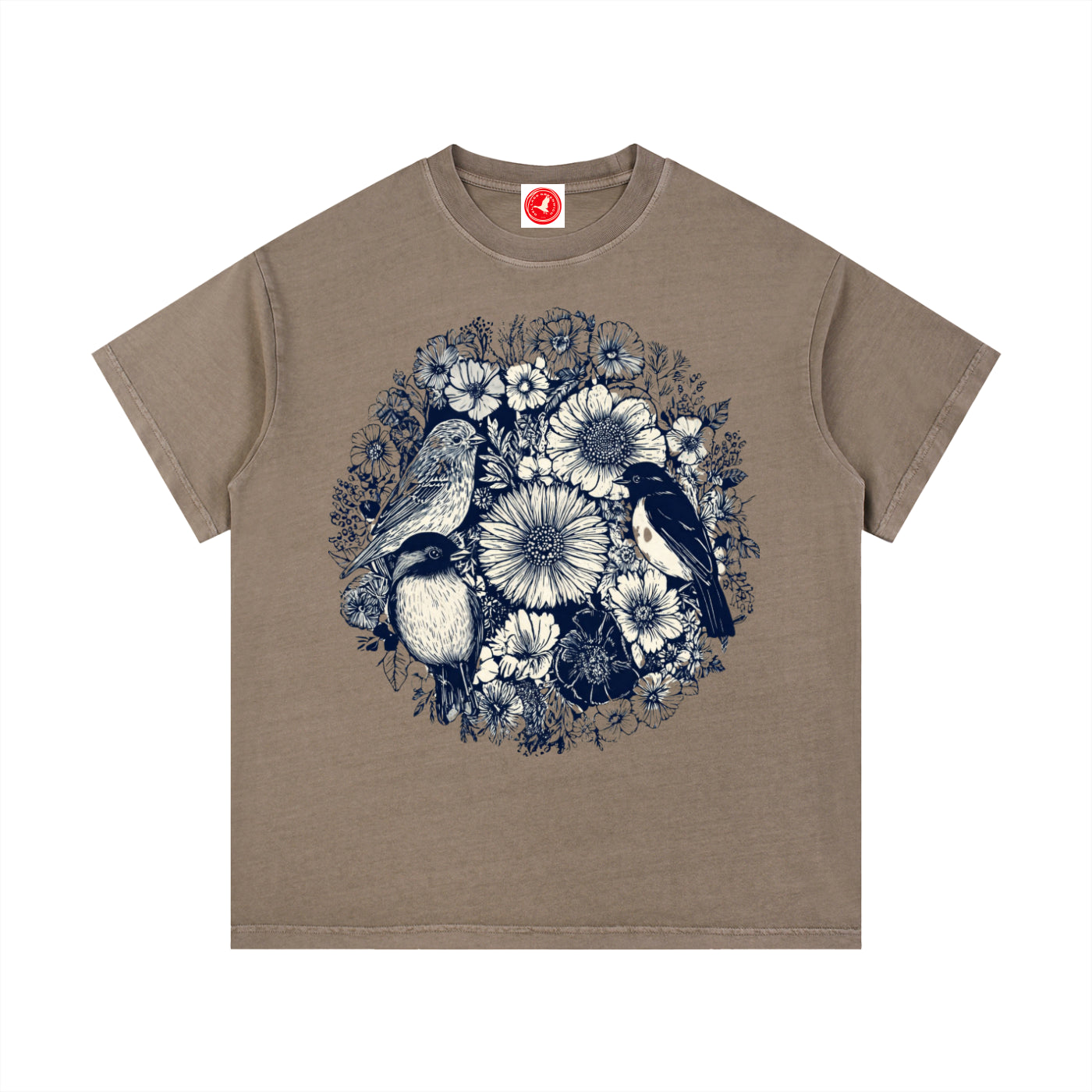 Brown Floral Birds Circle graphic t-shirt featuring botanical bird artwork arranged in a decorative floral design.