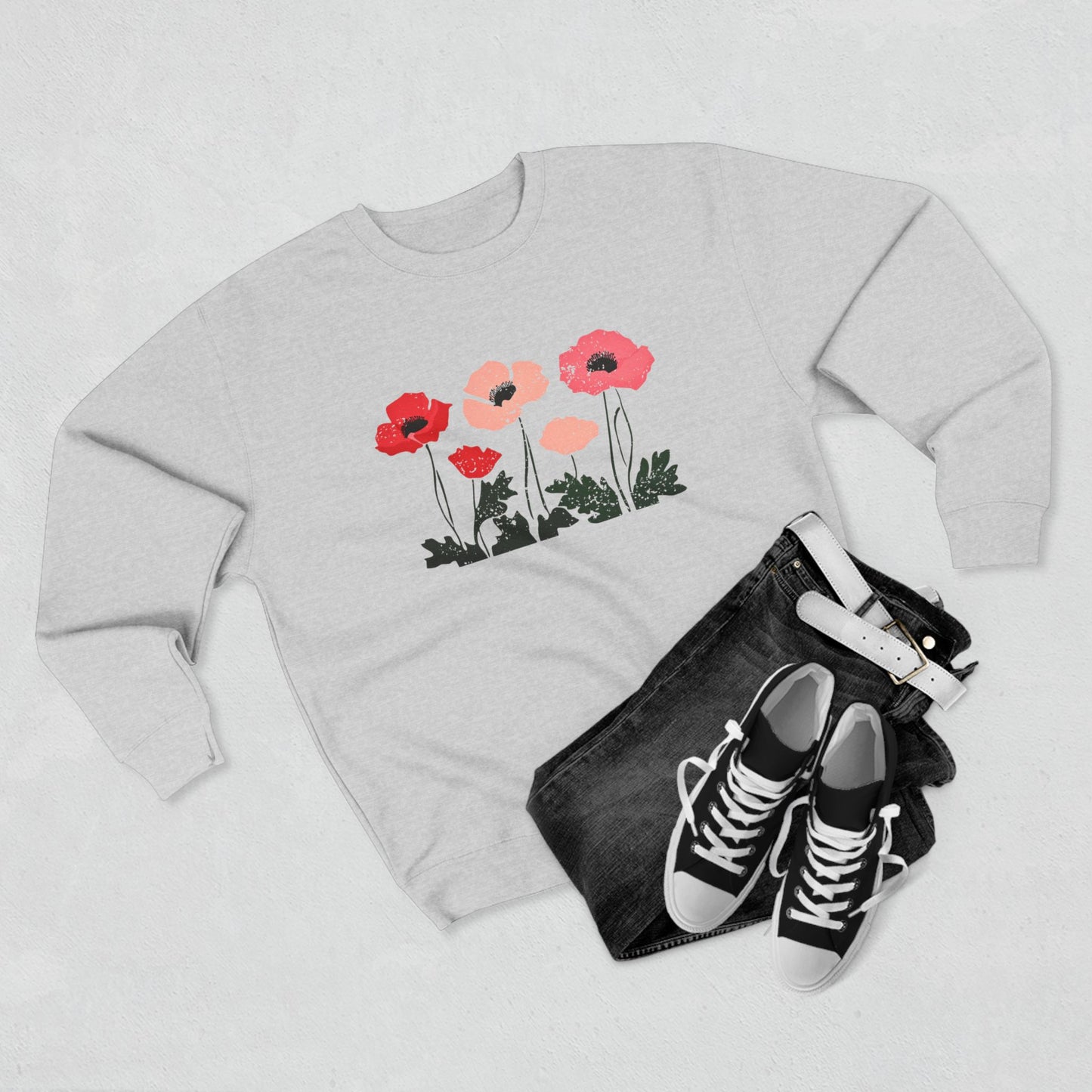 Poppy Garden Crewneck Sweatshirt — Floral Pink Red Poppy Pullover