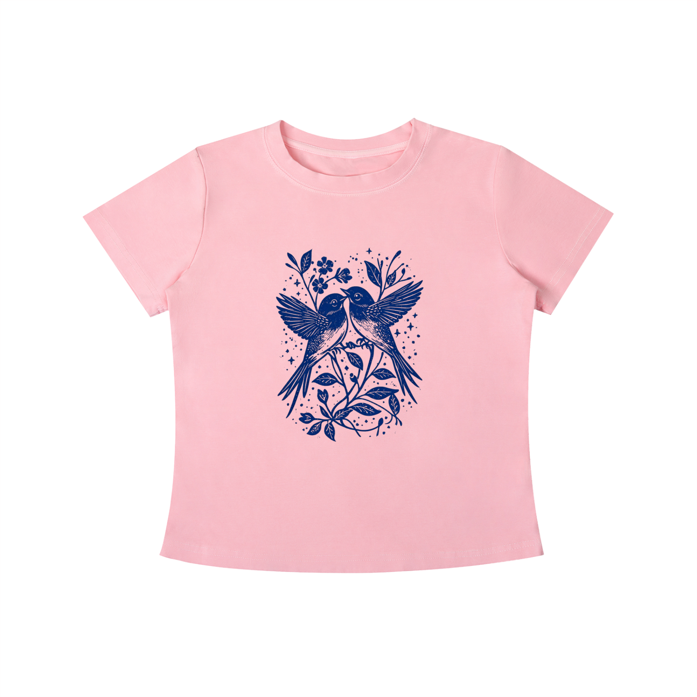 Pink Bluebird Garden Folk graphic t-shirt featuring bird and floral artwork inspired by folk art and botanical beauty.