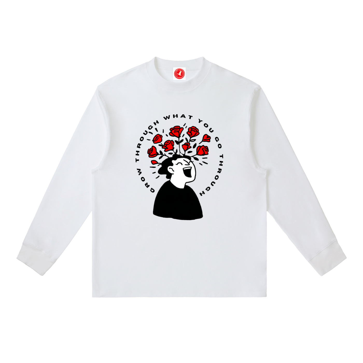 White long-sleeve shirt with a graphic design on a white background