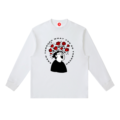 White long-sleeve shirt with a graphic design on a white background