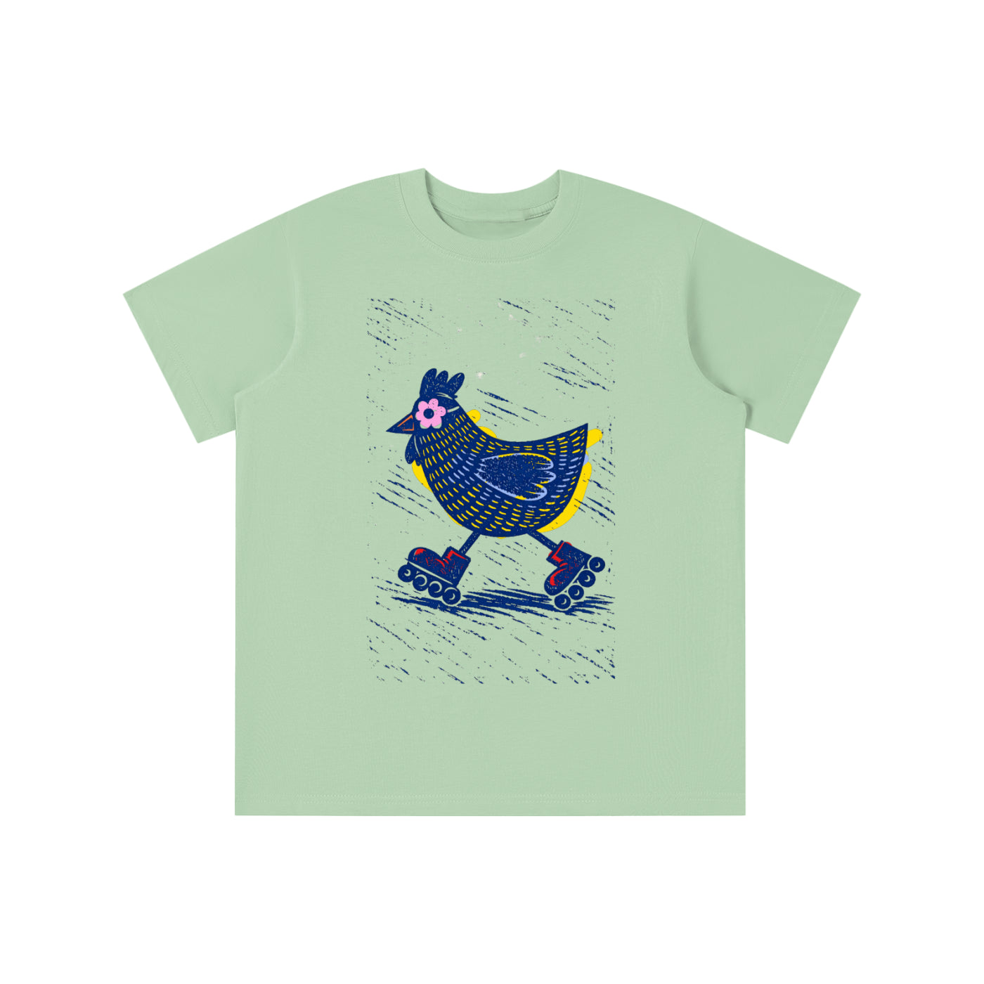 Roller Skating Chicken graphic t-shirt featuring whimsical chicken artwork inspired by vintage fun and playful illustration.