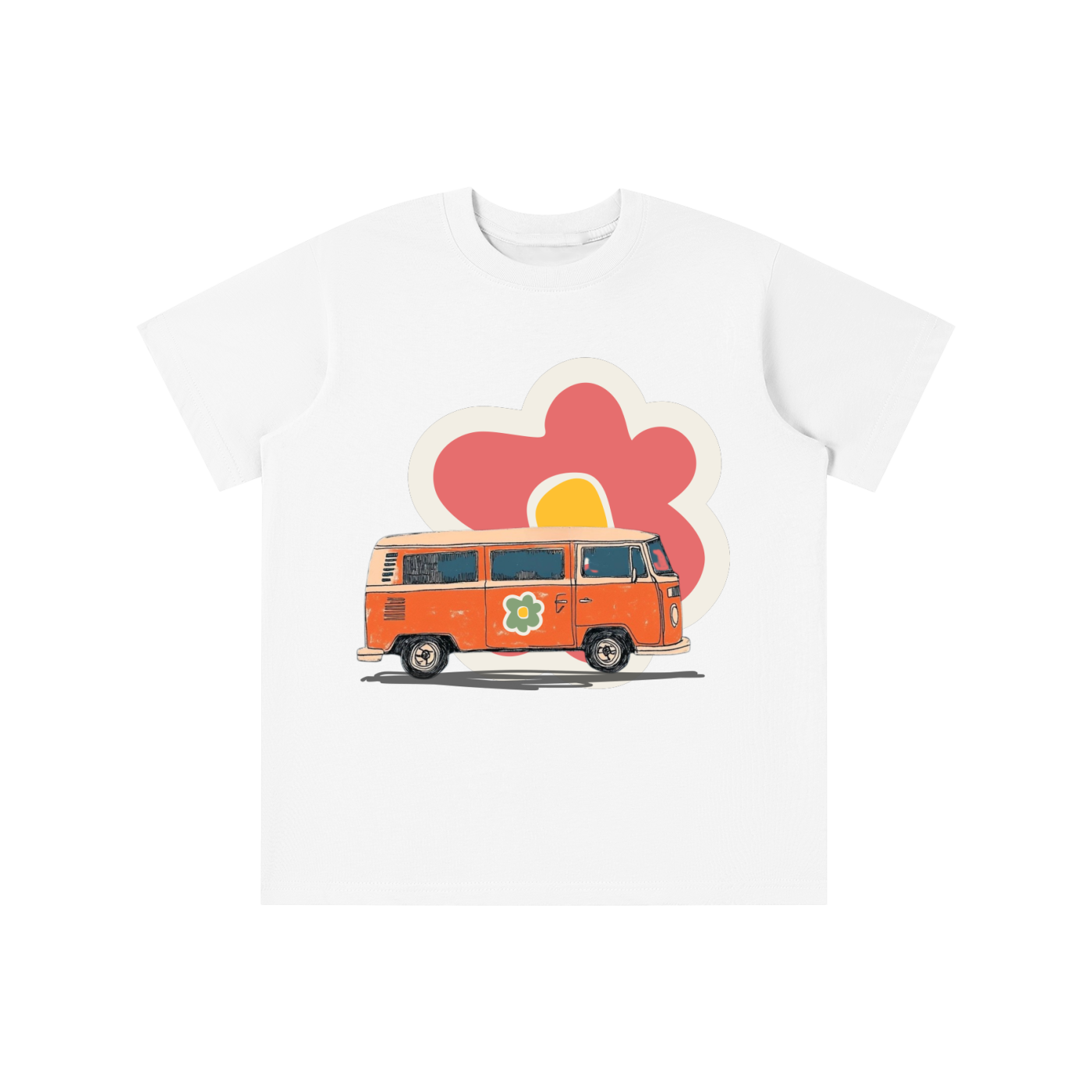 Retro Flower Van graphic t-shirt featuring vintage van and floral artwork inspired by road trips and retro culture.