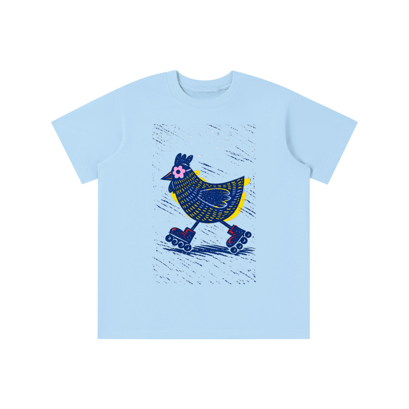 Roller Skating Chicken graphic t-shirt featuring whimsical chicken artwork inspired by vintage fun and playful illustration.