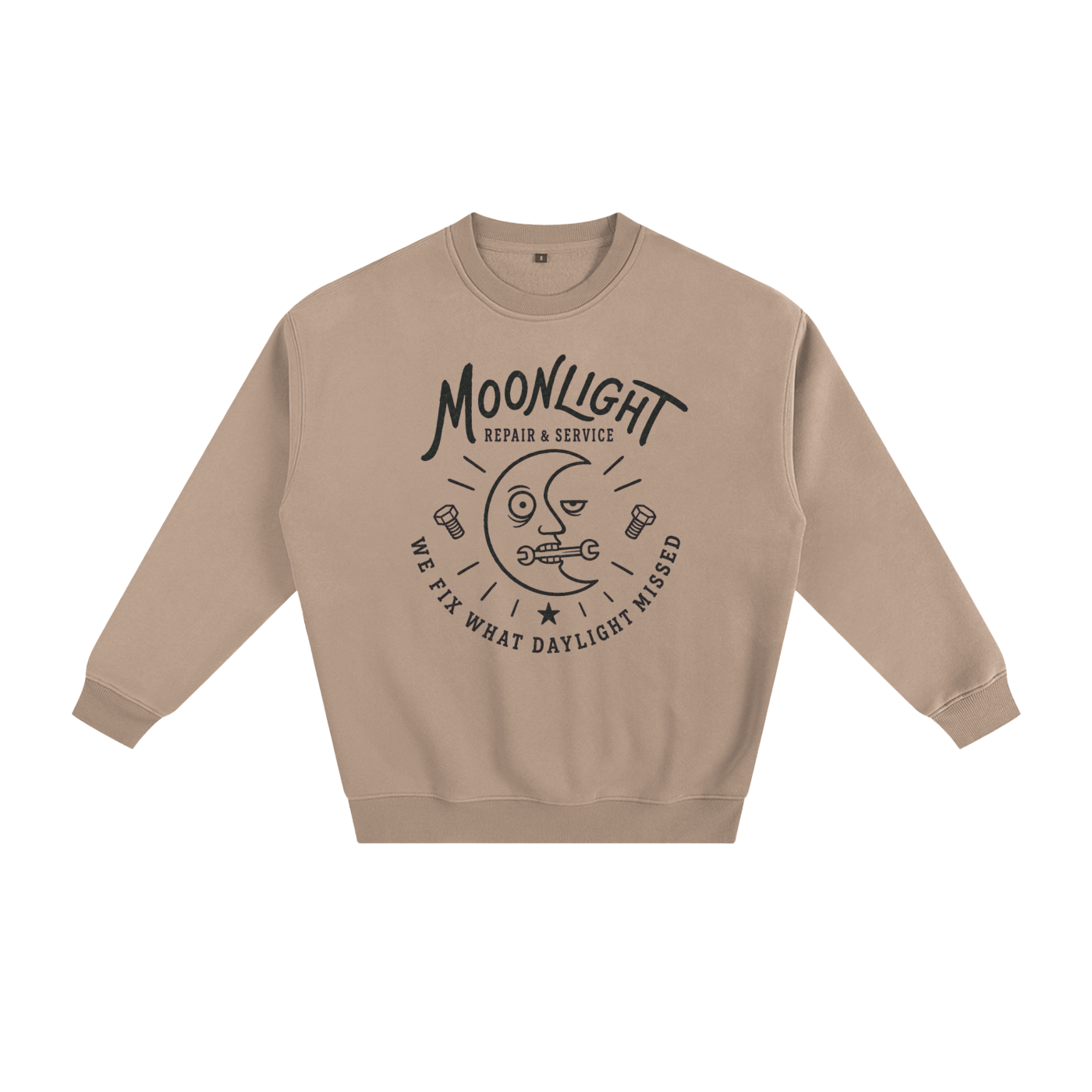 A beige crewneck sweatshirt with a black graphic print on the front featuring a moon face, the text 'MOONLIGHT REPAIR & SERVICE', and 'WE FIX WHAT DAYLIGHT MISSED'.